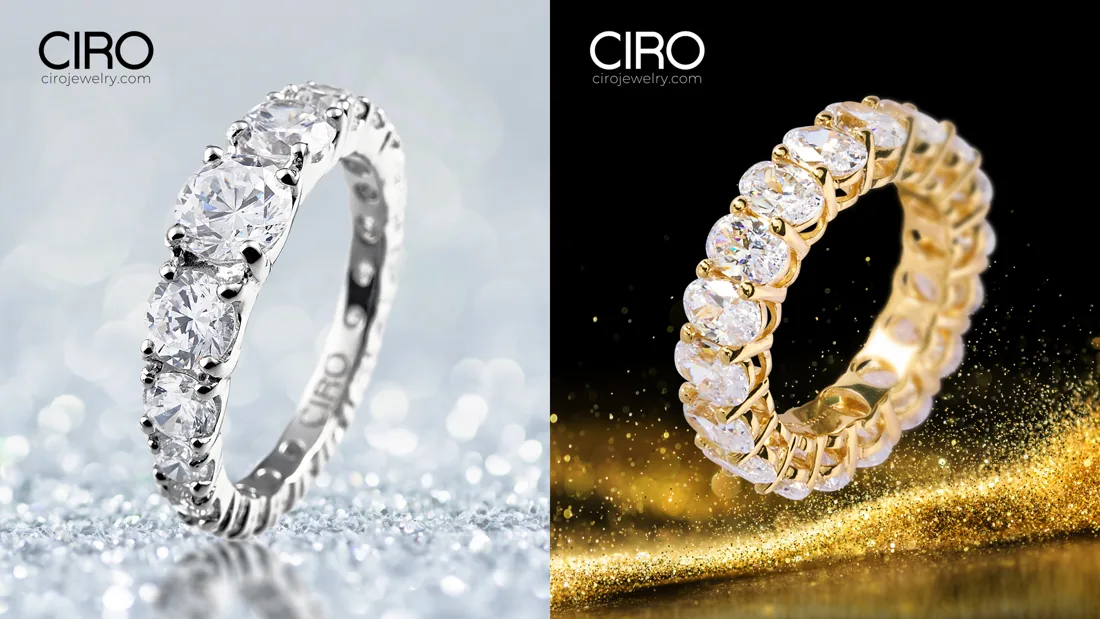 3D product renders of two Ciro eternity rings, one in white gold and one in yellow gold, made for the Ciro Jewelry storefront